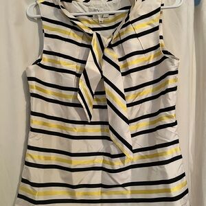 Milly Silk Black, White, and Yellow Striped Tie Neck Blouse